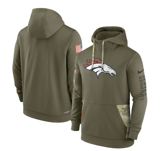 Men's Denver Broncos 2022 Olive Salute to Service Therma Performance Pullover Hoodie Men's Denver Broncos 2022 Olive Salute to Service Therma Performance Pullover Hoodie